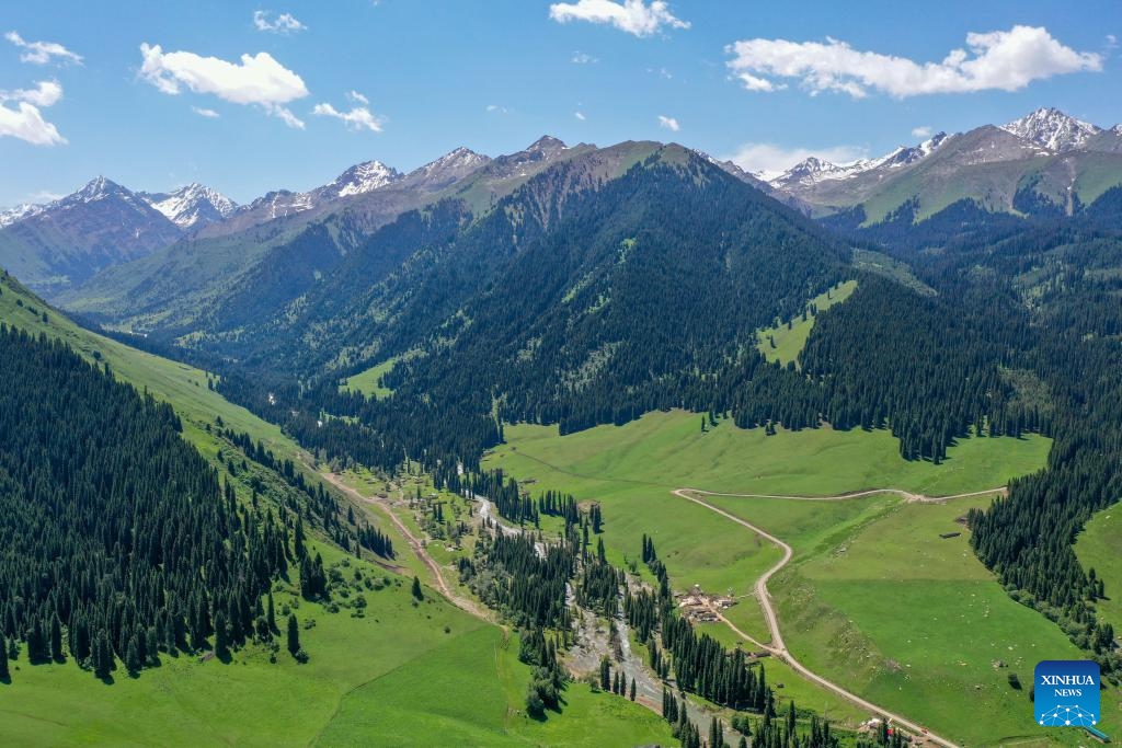 This photo taken on June 8, 2021 shows a view of Tekes County in Ili Kazak Autonomous Prefecture, northwest China's Xinjiang Uygur Autonomous Region. Established in the 1930s, Tekes is located deep in the Ili River Valley on the northern slopes of the Tianshan Mountains. The county is renowned for its Bagua (or Eight Trigrams) layout: from the central Tai Chi Plaza, eight main streets extend outward in a progressive and radial pattern, while the roads are interconnected. (Photo: Xinhua)