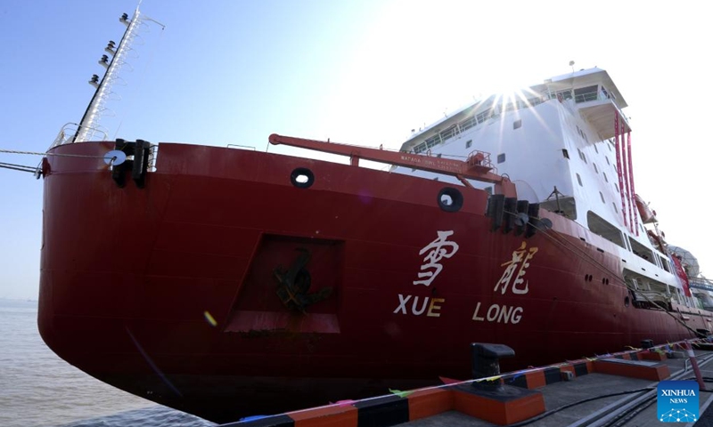 China's research icebreaker Xuelong, or Snow Dragon, berths at a base dock in Shanghai, east China, April 8, 2025. China's research icebreaker Xuelong, or Snow Dragon, arrived in Shanghai on Tuesday, marking the completion of key missions in the country's 41st Antarctic expedition, according to a press conference held on Tuesday. The expedition involves 516 members from 118 domestic and international institutions and is being carried out by three vessels. (Photo: Xinhua)