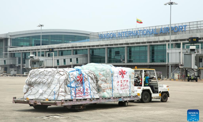 The fifth batch of emergency humanitarian aid supplies dispatched by the Chinese government arrives at Yangon International Airport in Myanmar on April 9, 2025. The aid supplies include 266 tents, 20,000 mosquito nets, 9,000 tarpaulins, and 2,000 boxes of instant noodles, with a total weight of over 91 tons. (Photo: Xinhua)