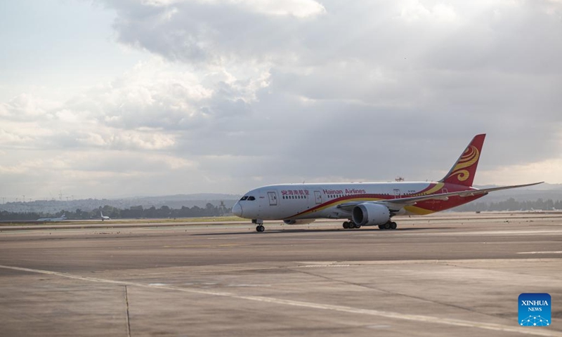 A Hainan Airlines aircraft, the first resumed direct flight between Beijing and Tel Aviv, arrives at Ben-Gurion International Airport near Tel Aviv, Israel, on April 10, 2025. Direct flights between Beijing and Tel Aviv resumed on Thursday, as a Hainan Airlines aircraft successfully landed at Ben-Gurion International Airport early in the morning, marking the end of an 18-month hiatus. (Photo: Xinhua)