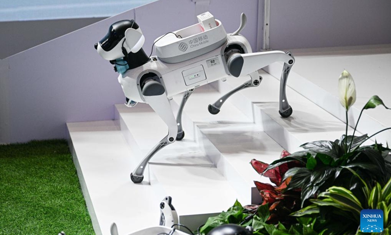 A robot dog carries medicines at the 5th China International Consumer Products Expo (CICPE) in Haikou, south China's Hainan Province, April 14, 2025. This year's expo highlights future technology through the debut of various cutting-edge robots. By showcasing AI-powered functionalities and real-world applications, these robots offer a glimpse into the future of daily life. (Photo: Xinhua)