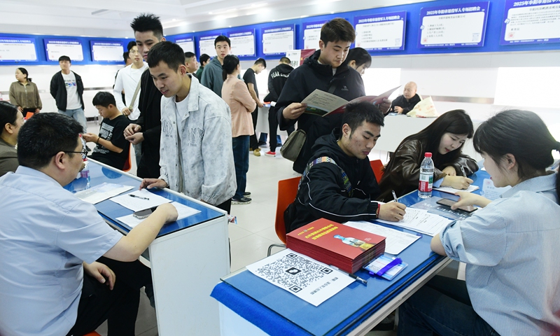 Enterprise representatives introduce recruitment information to veterans and other job seekers face-to-face at a spring job fair for veterans in Fuyang, East China's Anhui Province, on April 16, 2025. Photo: VCG