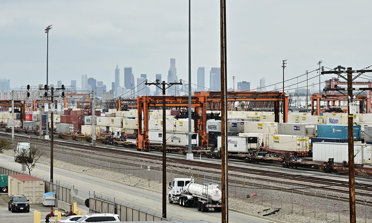 Shipping containers parked at the Union Pacific Railroad intermodal facility which specializes in rail services for freight and passengers on April 16, 2025 in Commerce, California. Photo: VCG