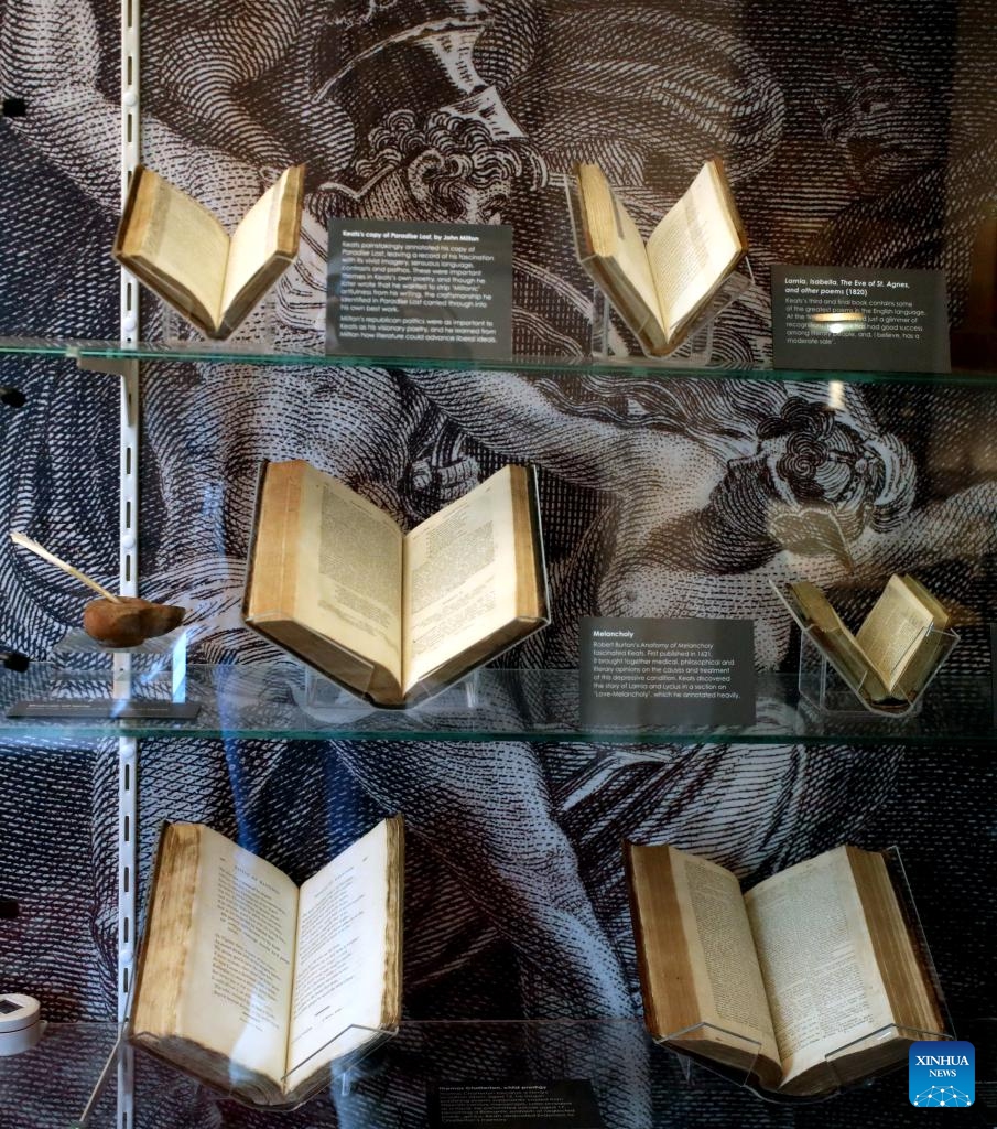 Books that John Keats had read are seen at Keats House in London, Britain, April 16, 2025. English romantic poet John Keats lived at Keats House from 1818 to 1820, and the house is now a museum dedicated to his life and work. (Photo: Xinhua)