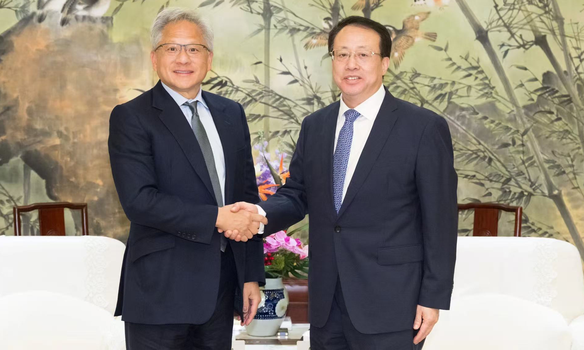 Shanghai Mayor Gong Zheng (right) meets with Nvidia CEO Jensen Huang in Shanghai, China on April 18, 2025. Photo: Shanghai Fabu