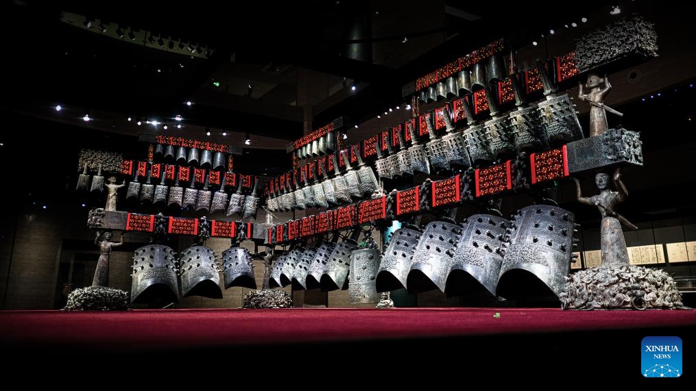 The Bianzhong of Marquis Yi of Zeng is pictured in Hubei Provincial Museum in Wuhan, central China's Hubei Province, April 17, 2025. Three documentary heritage collections submitted by China have been inscribed in the UNESCO Memory of the World Register, the United Nations Educational, Scientific and Cultural Organization announced on Thursday. Among the 74 newly added entries, China contributed two solo submissions - the Bianzhong of Marquis Yi of Zeng and the Steles of Shaolin Temple - as well as a joint submission with Sri Lanka: the Trilingual Inscription. (Photo: Xinhua)