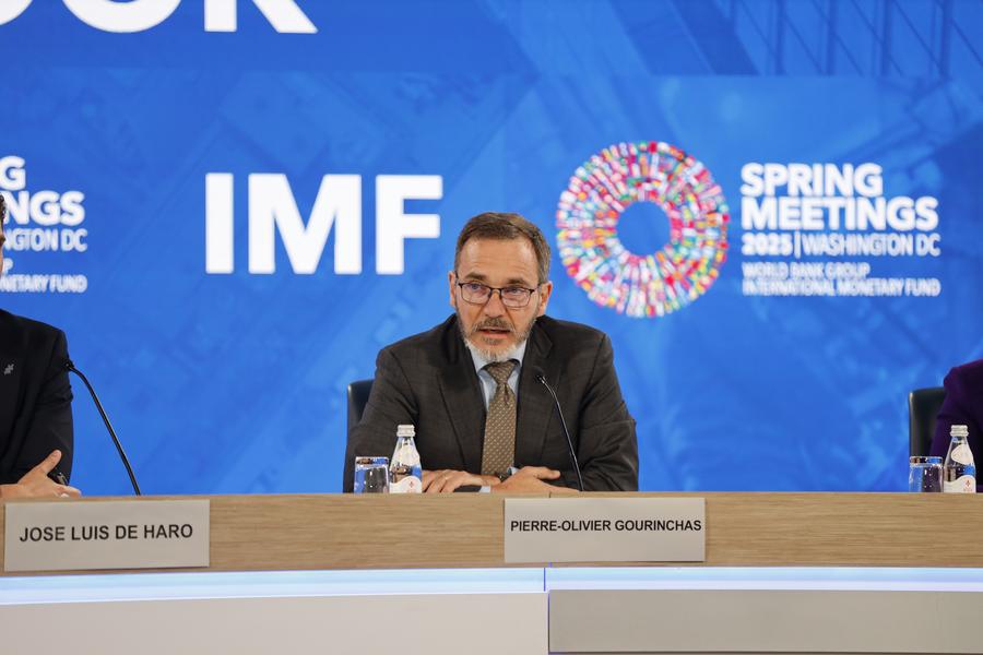 IMF Chief Economist Pierre-Olivier Gourinchas speaks at a press briefing on World Economic Outlook (WEO) in Washington, D.C., the United States, on April 22, 2025. (Photo: Xinhua)