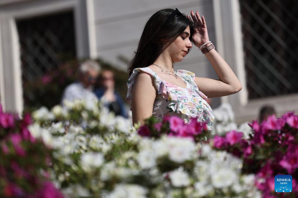 A woman poses for a photo at the Spanish Steps in Rome, Italy, during the Easter holiday on April 21, 2025. (Photo: Xinhua)
