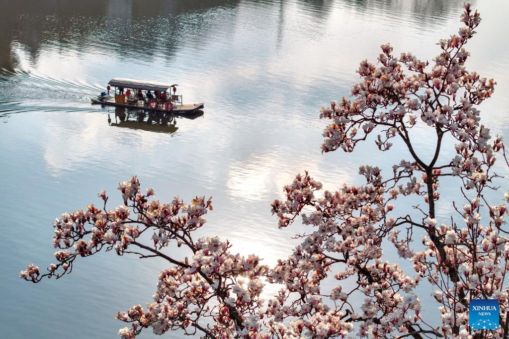 A drone photo shows people taking a sightseeing boat on Xin'an River in Shexian County, Huangshan City of east China's Anhui Province, March 6, 2025. Located at the junction of Huangshan Mountains and Xin'an River, Shexian County of east China's Anhui Province has carried the essence of Hui-style culture and architecture. Huizhou Ancient City, lying at the heart of Shexian, is one of the best-preserved ancient towns in China. Its network of ancient streets, alleys, and bridges is complemented by traditional residences, ancestral halls, and memorial archways. (Photo: Xinhua)
