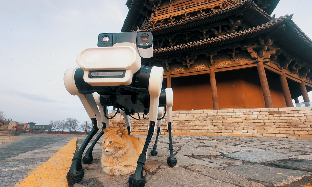 The six legged robotic dog developed by Lenovo inspects Yingxian Wooden Pagoda in North's China's Shanxi Province in April, 2025. Photo: Courtesy of Lenovo