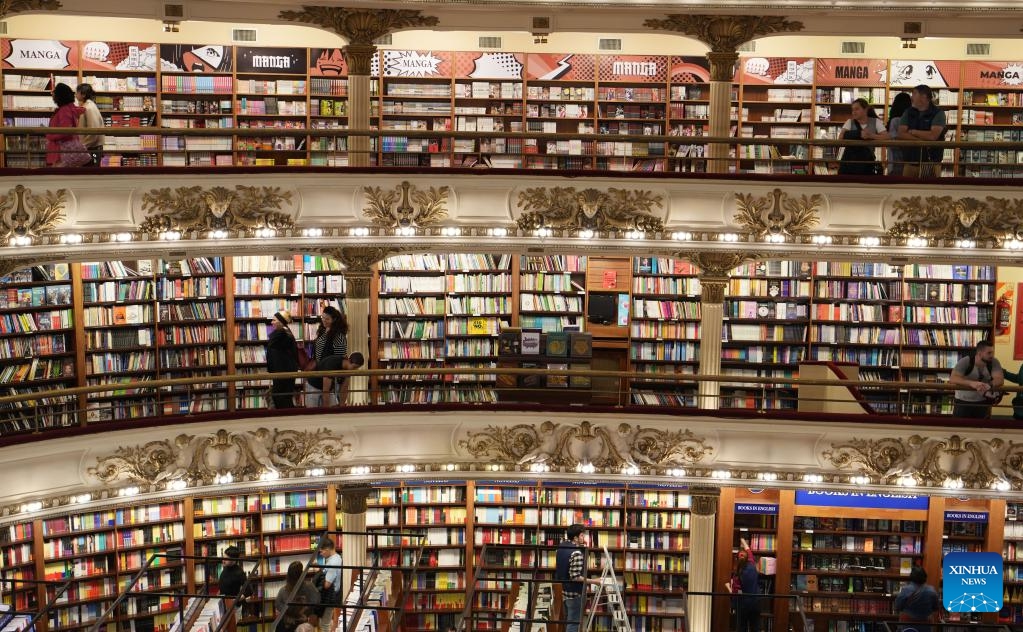 This photo taken on April 21, 2025 shows an interior view of Librería El Ateneo in Buenos Aires, Argentina. El Ateneo Grand Splendid (Librería El Ateneo) is a world-famous bookstore located in Buenos Aires. It used to be a theater opened in 1919 as a landmark building of Buenos Aires. The building was renovated and converted into a bookstore in 2000. Every year, it attracts over a million visitor trips. (Photo: Xinhua)