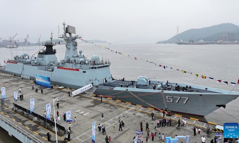 An aerial drone photo shows people participating in a naval vessel open day event to mark the 76th anniversary of the Chinese People's Liberation Army (PLA) Navy in Zhoushan, east China's Zhejiang Province, April 22, 2025. The Chinese People's Liberation Army (PLA) Navy marked its 76th anniversary on Wednesday, reaffirming its commitment to becoming a world-class naval force dedicated to safeguarding both national security and global peace. (Photo: Xinhua)
