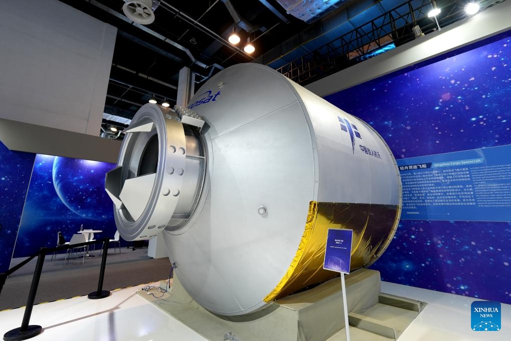 A model of the Qingzhou cargo spacecraft is pictured at the preview of a science exhibition marking the 10th Space Day of China at Shanghai World Expo Exhibition and Convention Center in east China's Shanghai, April 23, 2025. April 24 has been Space Day of China since 2016. The date marks the launch of China's first satellite Dongfanghong-1 into space in 1970. Activities to mark the 10th Space Day of China will take place from April 24 to May 5 at the Shanghai World Expo Exhibition and Convention Center. (Photo: Xinhua)