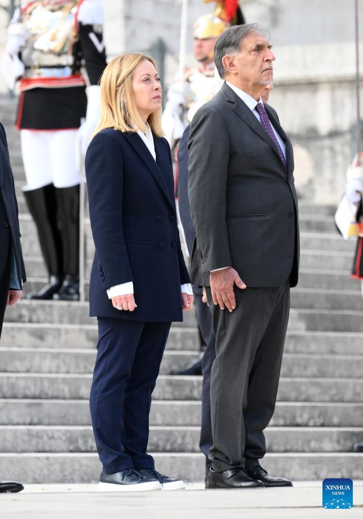 Italian Prime Minister Giorgia Meloni (L) and Senate President Ignazio La Russa (R) attend a ceremony to mark 80th anniversary of Liberation Day in Rome, Italy, on April 25, 2025. Italy marked the 80th anniversary of its liberation from fascism on Friday with a range of activities across the country. (Photo: Xinhua)