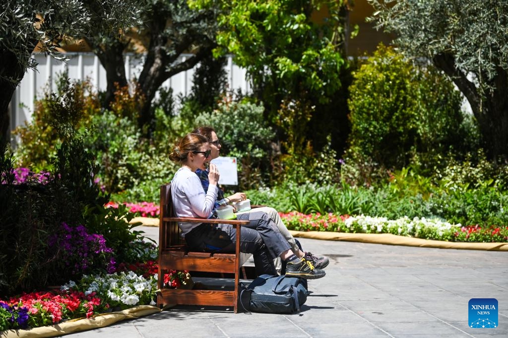 People visit St. George's Square decorated with plants during the Valletta Green Festival in Valletta, Malta, April 25, 2025. This year's festival kicked off here on Friday and will last until May 4. (Photo: Xinhua)