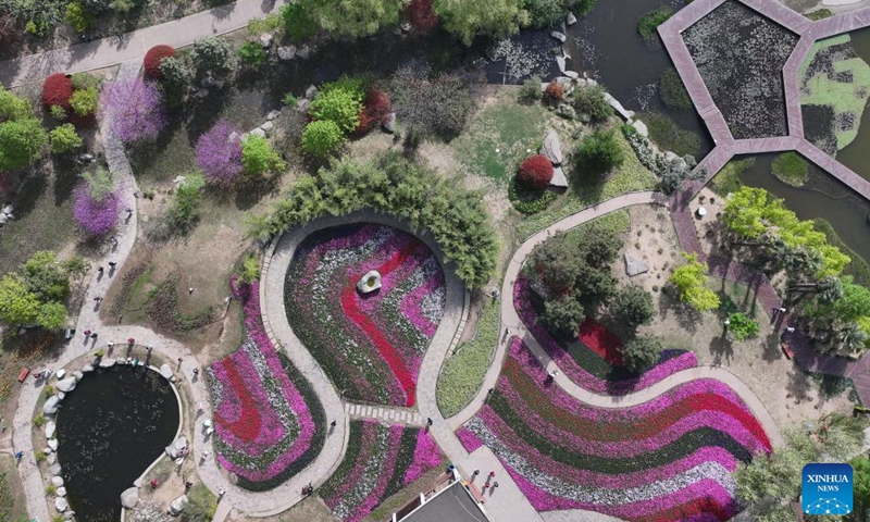 An aerial drone photo taken on April 10, 2025 shows a view of Xi'an Botanical Garden in Xi'an, northwest China's Shaanxi Province. (Photo: Xinhua)