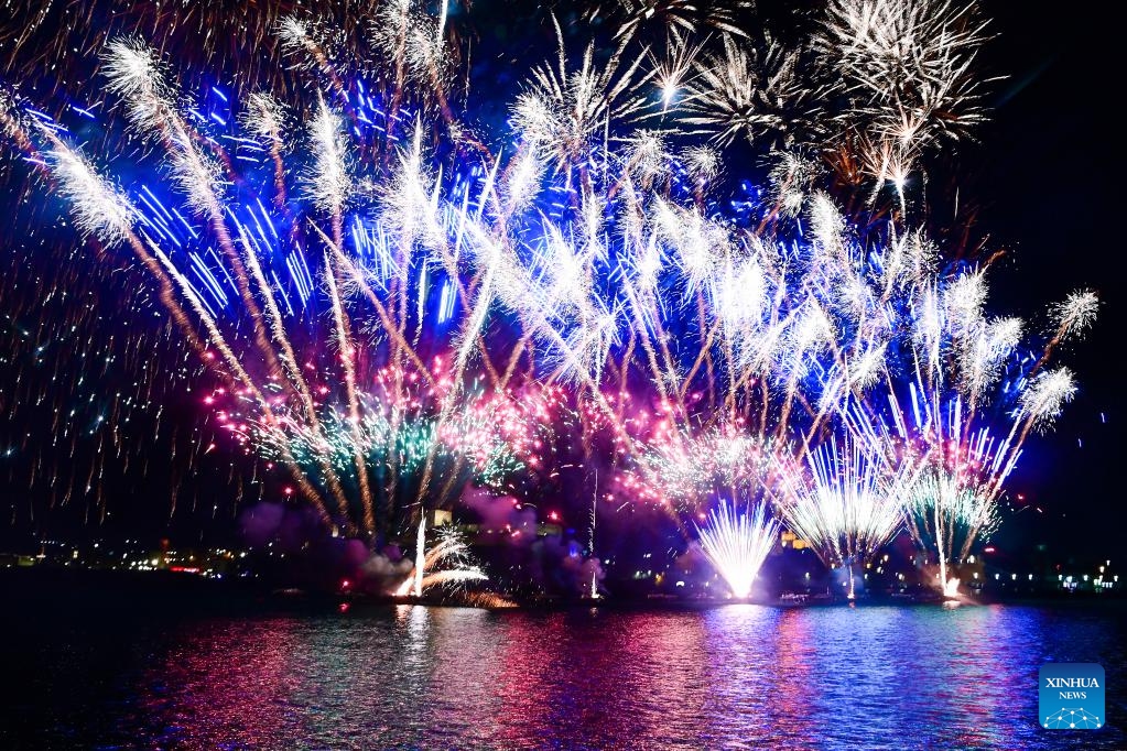 Fireworks light up the sky during the Malta International Fireworks Festival at the Grand Harbor, Valletta, Malta, April 25, 2025. The annual fireworks festival kicked off here on Tuesday and will last until April 30. (Photo: Xinhua)