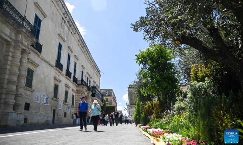 People visit St. George's Square decorated with plants during the Valletta Green Festival in Valletta, Malta, April 25, 2025. This year's festival kicked off here on Friday and will last until May 4. (Photo: Xinhua)