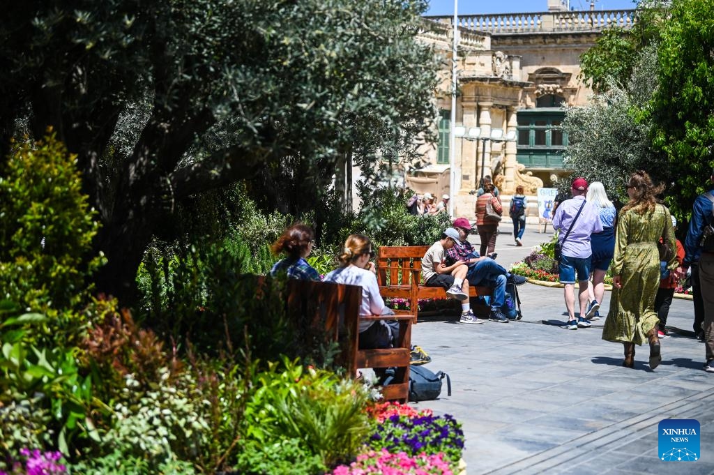 People visit St. George's Square decorated with plants during the Valletta Green Festival in Valletta, Malta, April 25, 2025. This year's festival kicked off here on Friday and will last until May 4. (Photo: Xinhua)