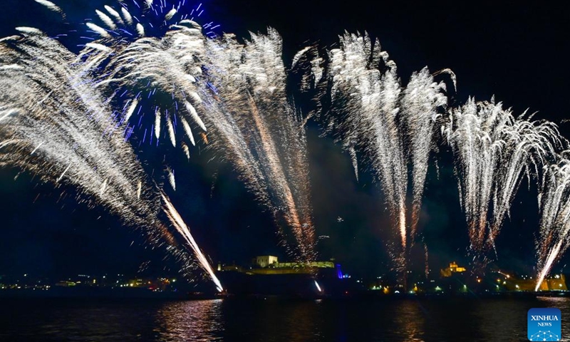 Fireworks light up the sky during the Malta International Fireworks Festival at the Grand Harbor, Valletta, Malta, April 25, 2025. The annual fireworks festival kicked off here on Tuesday and will last until April 30. (Photo: Xinhua)