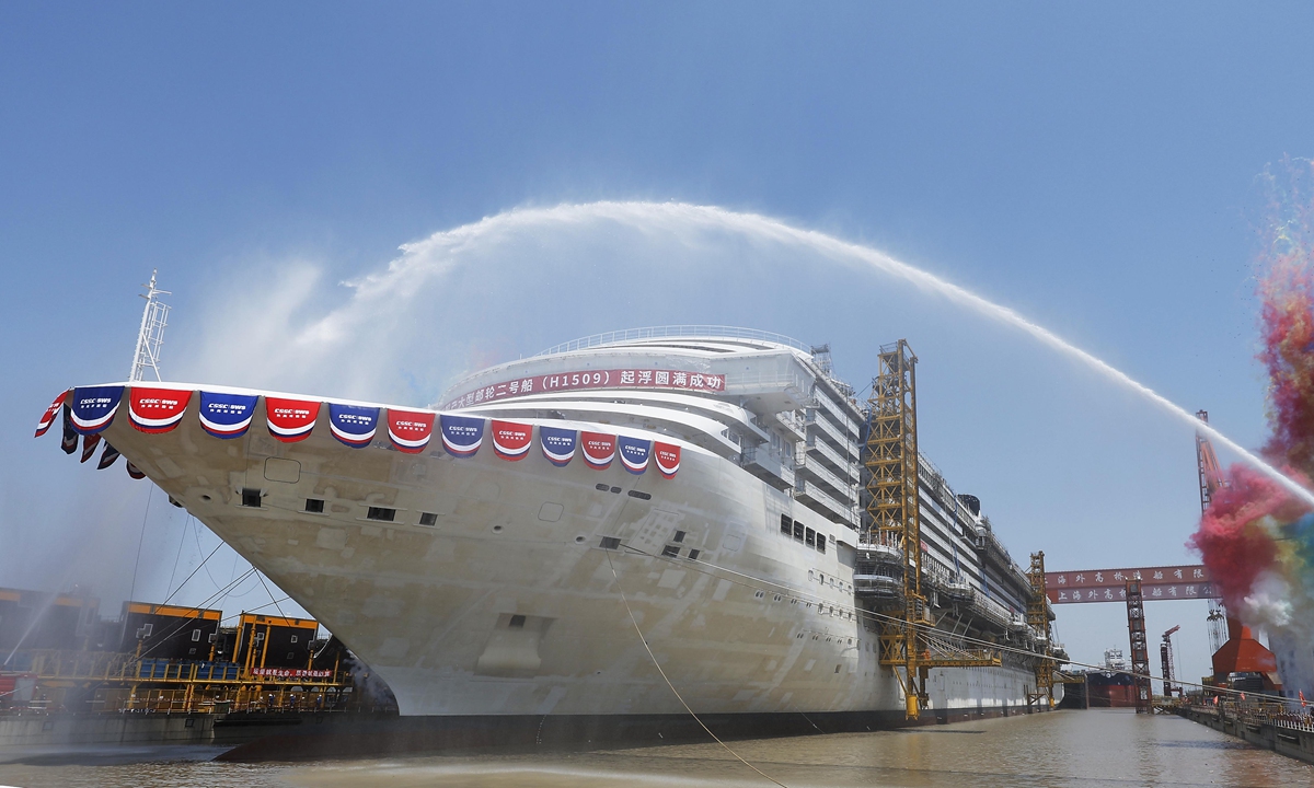 China's second domestically built large cruise ship, the <em>Adora Flora City</em>, successfully completes its float-out on Monday, marking the completion of over 70 percent of the project. Photo: VCG