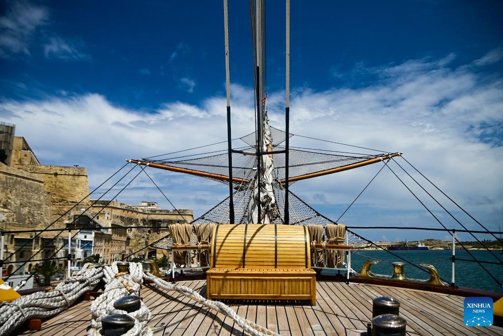 This photo taken on April 28, 2025 shows the inside of the Italian Navy training ship Amerigo Vespucci in Valletta, Malta. The Italian Navy training ship Amerigo Vespucci, named after the famous explorer Amerigo Vespucci, was open to the public on Monday. The first sail of the ship was dated back as early as 1931. (Photo: Xinhua)