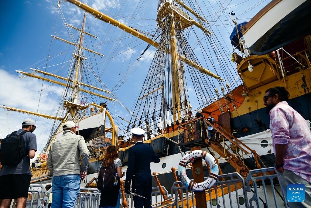 People visit the Italian Navy training ship Amerigo Vespucci in Valletta, Malta, April 28, 2025. The Italian Navy training ship Amerigo Vespucci, named after the famous explorer Amerigo Vespucci, was open to the public on Monday. The first sail of the ship was dated back as early as 1931. (Photo: Xinhua)