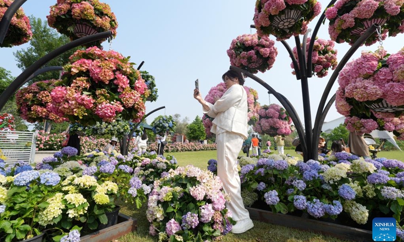 A visitor takes photos of flowers during the 2025 World Garden Show in Haining City, east China's Zhejiang Province, April 28, 2025. The event kicked off here on Monday with a total exhibition area of 500,000 square meters. (Photo: Xinhua)