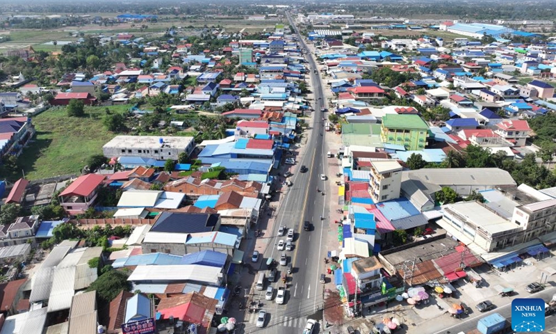 This aerial drone photo taken on April 21, 2025 shows China-funded National Road 41 in Kandal province, Cambodia. (Photo by Nitola/Xinhua)