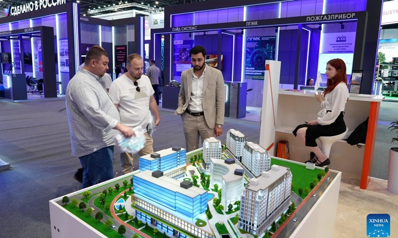 People attend the International Industrial Trade Fair INNOPROM. Central Asia in Tashkent, Uzbekistan, April 30, 2025. The three-day event kicked off on Monday, aiming to promote international exchange and cooperation in the industrial sector. (Photo by Zafar Khalilov/Xinhua)