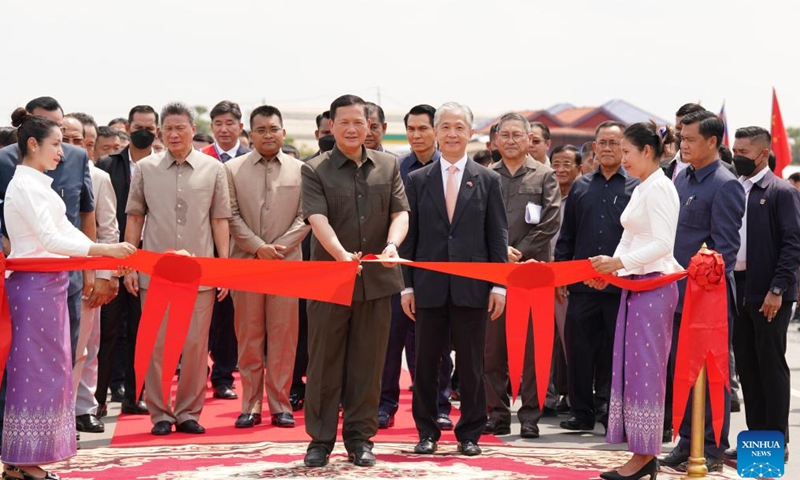 Cambodian Prime Minister Hun Manet (2nd L, front) and Chinese Ambassador to Cambodia Wang Wenbin (3rd L, front) attend the inauguration ceremony of China-funded national roads in Takeo province, Cambodia on April 29, 2025. (Photo by Nitola/Xinhua)