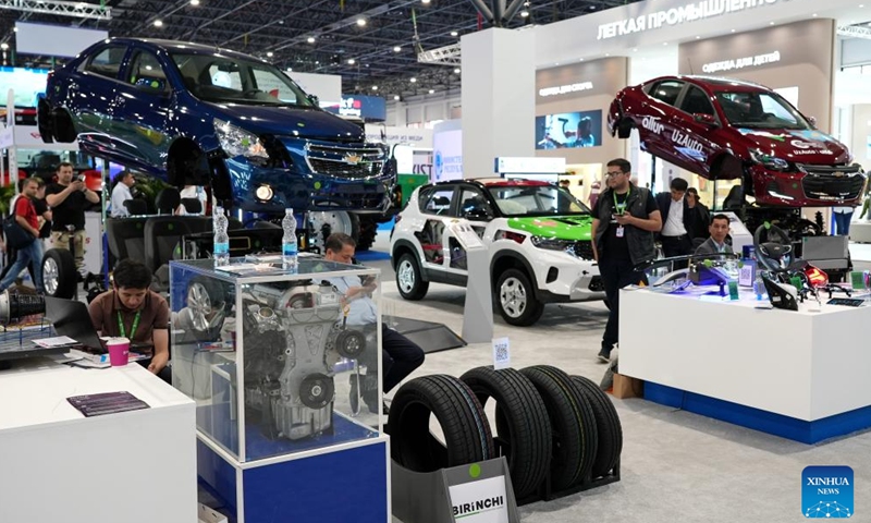 People attend the International Industrial Trade Fair INNOPROM. Central Asia in Tashkent, Uzbekistan, April 30, 2025. The three-day event kicked off on Monday, aiming to promote international exchange and cooperation in the industrial sector. (Photo by Zafar Khalilov/Xinhua)