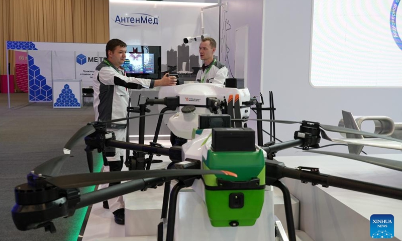 People attend the International Industrial Trade Fair INNOPROM. Central Asia in Tashkent, Uzbekistan, April 30, 2025. The three-day event kicked off on Monday, aiming to promote international exchange and cooperation in the industrial sector. (Photo by Zafar Khalilov/Xinhua)