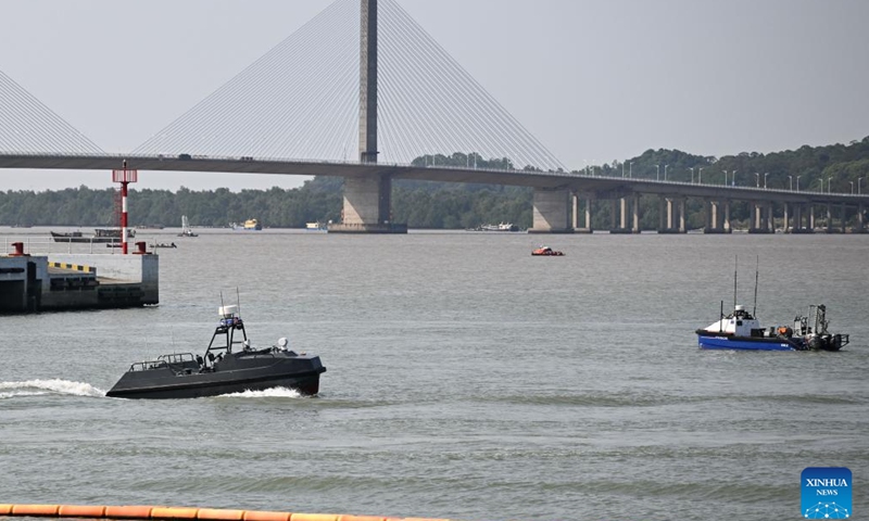 An unmanned yacht of Zhuhai Yunzhou Intelligence Technology Ltd. is tested in Zhuhai, south China's Guangdong Province, April 29, 2025.