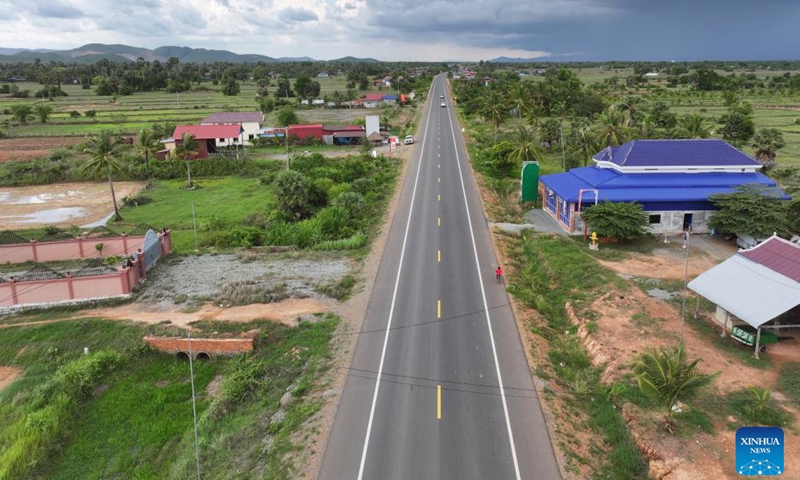 This aerial drone photo taken on April 22, 2025 shows China-funded National Road 31 in Kampot province, Cambodia. (Photo by Nitola/Xinhua)
