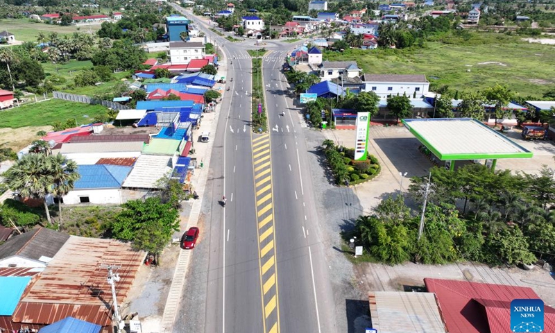 This aerial drone photo taken on April 20, 2025 shows China-funded National Road 33 in Kep province, Cambodia. (Photo by Nitola/Xinhua)
