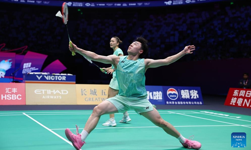 Ricky Tang (Front)/Gronya Somerville of Australia compete during the mixed doubles match against Gregoire Deschamp/Margot Lambert of France of the Group C match between France and Australia at BWF Sudirman Cup in Xiamen, southeast China's Fujian Province, May 1, 2025. Photo: Xinhua