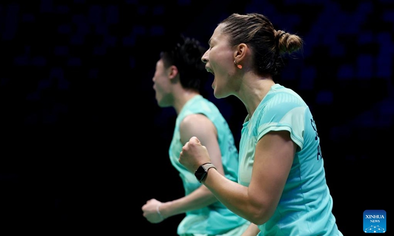 Ricky Tang/Gronya Somerville (R) of Australia celebrate scoring during the mixed doubles match against Gregoire Deschamp/Margot Lambert of France of the Group C match between France and Australia at BWF Sudirman Cup in Xiamen, southeast China's Fujian Province, May 1, 2025. Photo: Xinhua