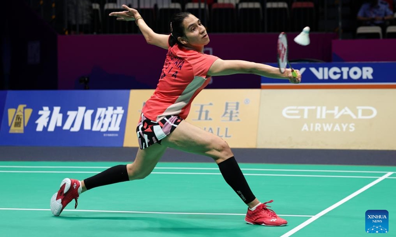 Anupama Upadhyaya of India hits a return during the women's singles match against Miu Lin Ngan of England of the Group D match between India and England at BWF Sudirman Cup in Xiamen, southeast China's Fujian Province, May 1, 2025. Photo: Xinhua