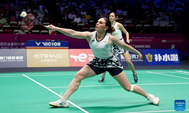 Lizzie Tolman (Front)/Estelle Van Leeuwen of England compete during the women's doubles match against Tanisha Crasto/Shruti Mishra of India of the Group D match between India and England at BWF Sudirman Cup in Xiamen, southeast China's Fujian Province, May 1, 2025. Photo: Xinhua