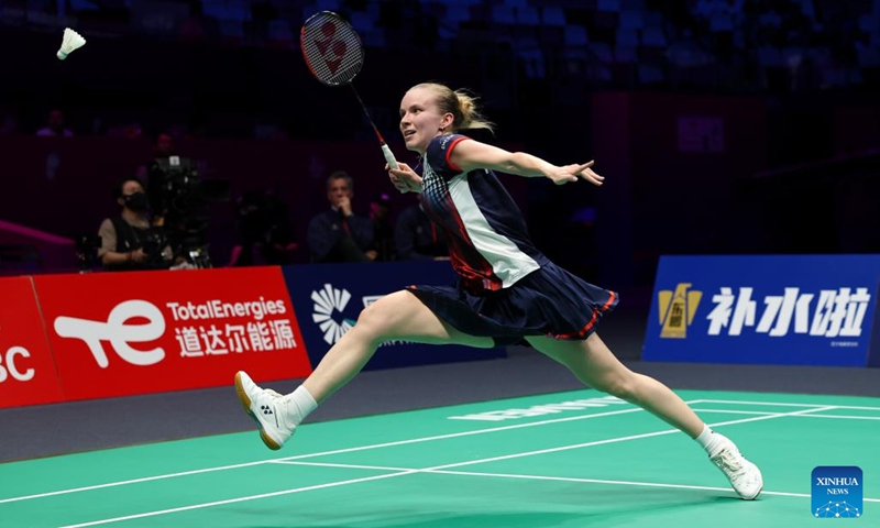 Anna Tatranov of France hits a return during the women's singles match against Tiffany Ho of Australia of the Group C match between France and Australia at BWF Sudirman Cup in Xiamen, southeast China's Fujian Province, May 1, 2025. Photo: Xinhua