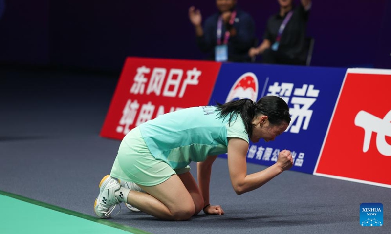 Tiffany Ho of Australia celebrates winning the women's singles match against Anna Tatranov of France of the Group C match between France and Australia at BWF Sudirman Cup in Xiamen, southeast China's Fujian Province, May 1, 2025. Photo: Xinhua