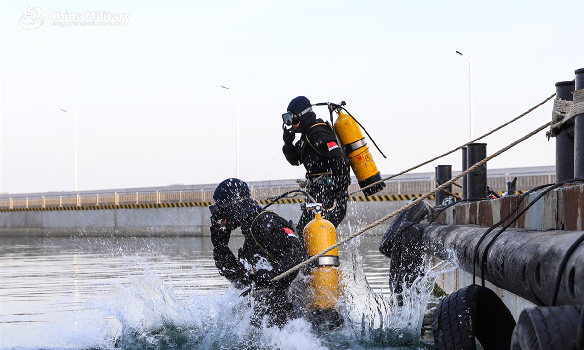 Frogmen assigned to a naval base under the Chinese PLA Northern Theater Command dive into the water with complete diving gear during an underwater training exercise on April 15, 2025. (eng.chinamil.com.cn/Photo by Liu Zaiyao)