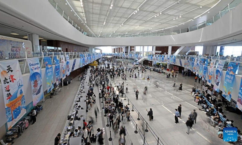 This photo shows the waiting hall of Tianjin International Cruise Home Port in north China's Tianjin Municipality, May 1, 2025. Tianjin International Cruise Home Port welcomed the simultaneous berthing of three international cruise ships on the first day of May Day holiday, which was the first time since its resumption of operations. According to statistics, on May 1, the number of inbound and outbound passengers reached nearly 15,000, with over 400 travelers applying for visa-free entry with a period of 240 hours. Photo: Xinhua