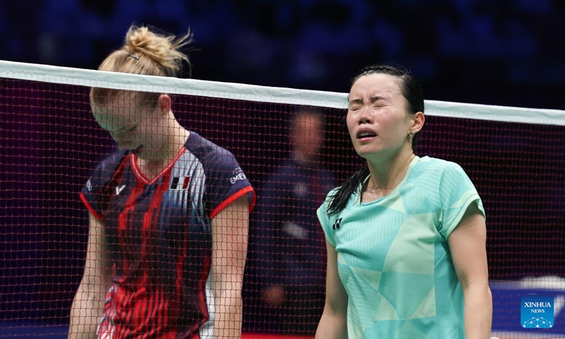 Tiffany Ho (R) of Australia cries out after winning the women's singles match against Anna Tatranov of France of the Group C match between France and Australia at BWF Sudirman Cup in Xiamen, southeast China's Fujian Province, May 1, 2025.  Photo: Xinhua