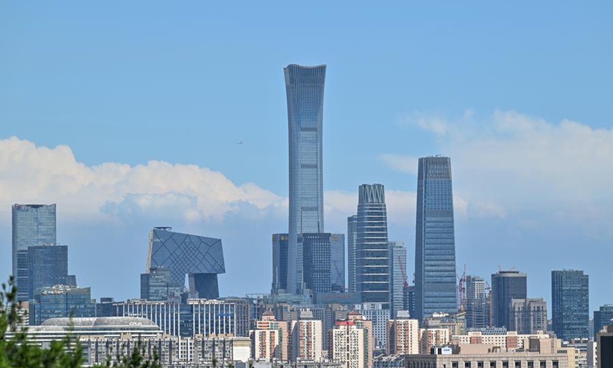This photo taken from Jingshan Hill on Aug. 12, 2024 shows the skyscrapers of the central business district (CBD) on a sunny day in Beijing, capital of China. Photo: Xinhua
