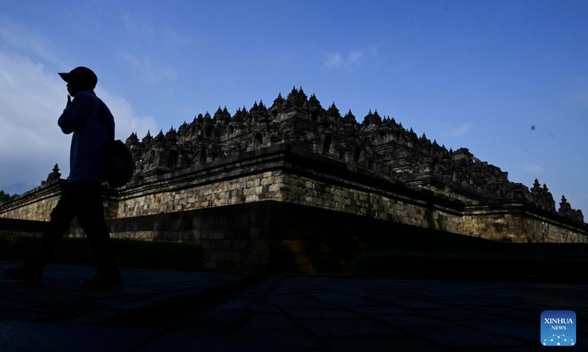 This photo taken on May 10, 2025 shows a view of the Borobudur Temple, a UNESCO-listed world heritage site, in Magelang, Central Java, Indonesia. (Xinhua/Zulkarnain)