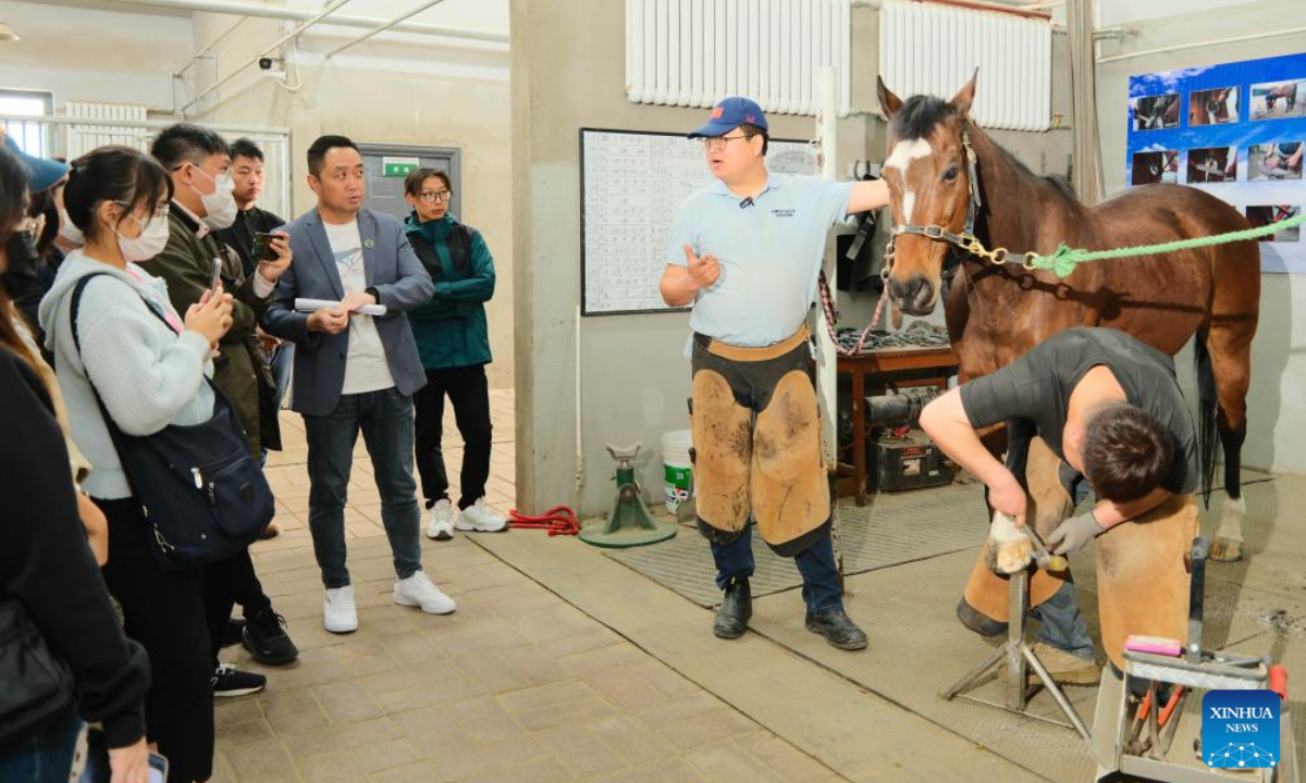 Students from University of Malaysia Sarawak learn to put on horseshoes at Vocational and Technical College of Inner Mongolia Agricultural University (UNIMAS) in Baotou, north China's Inner Mongolia Autonomous Region, May 9, 2025. A total of 21 UNIMAS students on Friday attended here hands-on studio workshops featuring traditional Chinese culture and technical training. (Xinhua/Ma Jinrui)