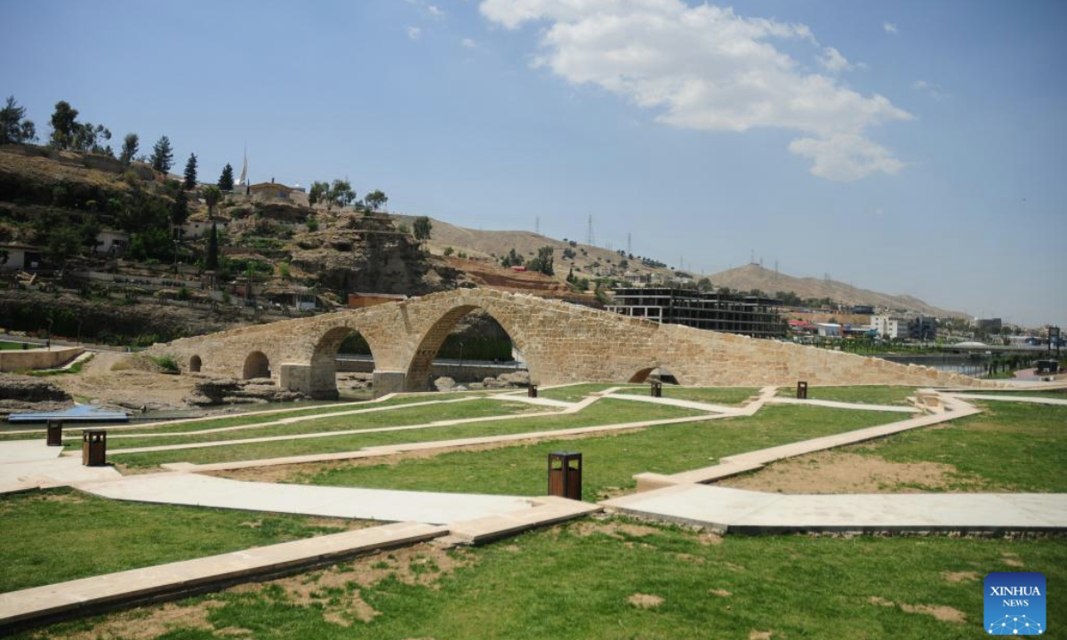 This photo shows a view of the ancient Dalal Bridge in Dohuk province, Iraq, May 10, 2025. The construction of Dalal Bridge dates back to the period of the Byzantine Empire. (Xinhua/Duan Minfu)