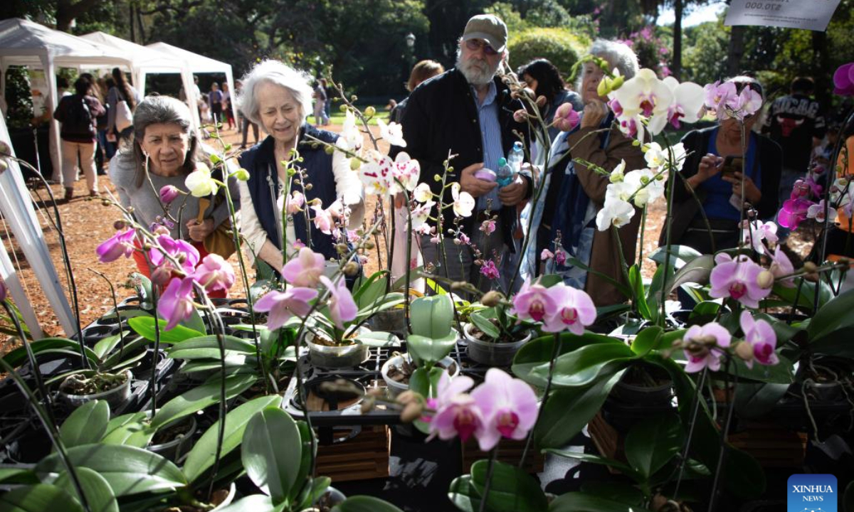 Visitors view orchids displayed at a booth during the Orchid Fair at the Carlos Thays Botanical Garden in Buenos Aires, Argentina, May 10, 2025. (Photo by Martin Zabala/Xinhua)